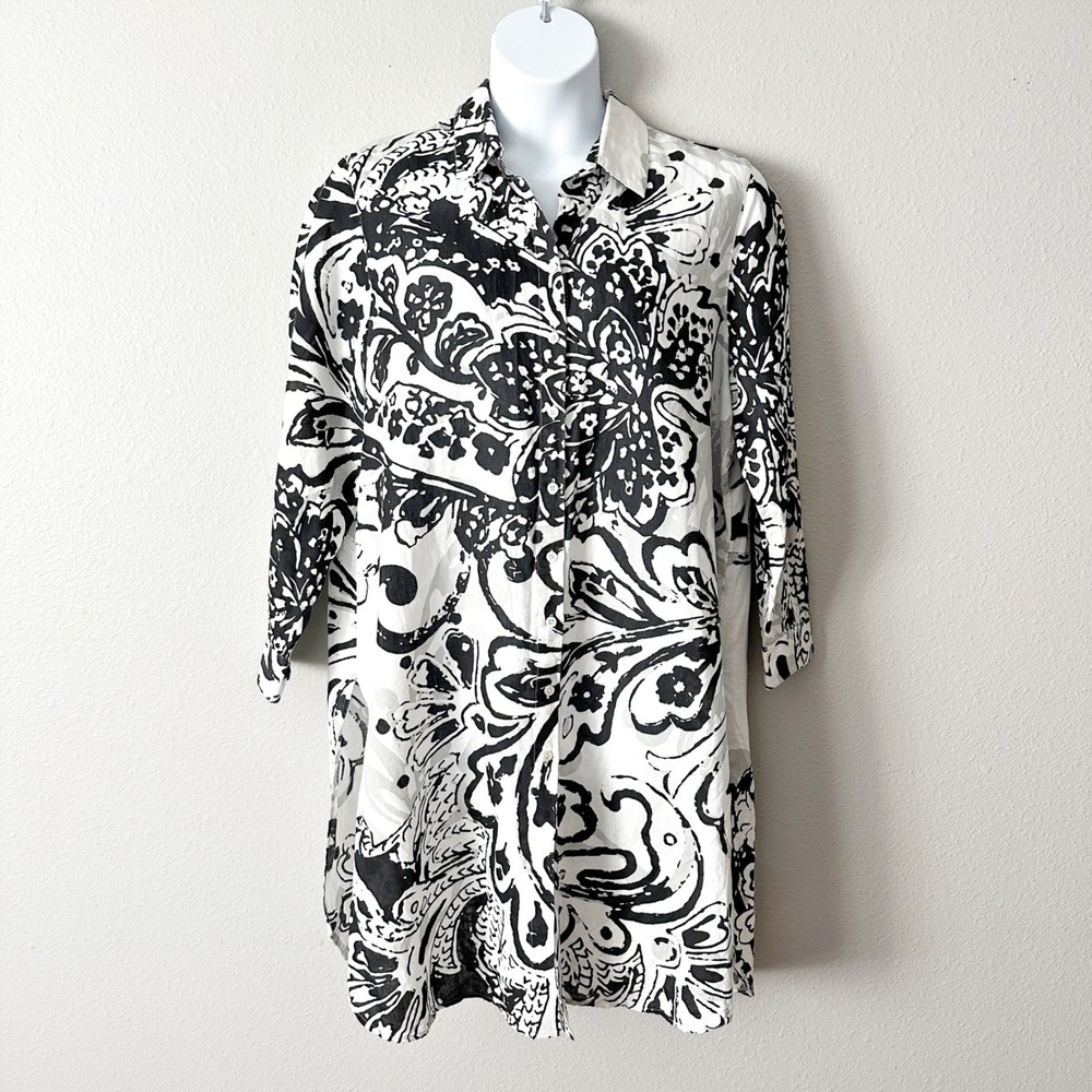 Chico's Size 3 Petite Linen Cotton‎ Graphic Tunic Shirt Dress Women's Size XLp